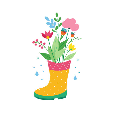 Flowers in a polka dot rain boot vector illustration for spring season greeting cardのイラスト素材