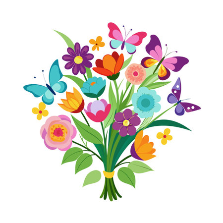 Colorful floral bouquet with butterflies on a white background, perfect for greetingsのイラスト素材