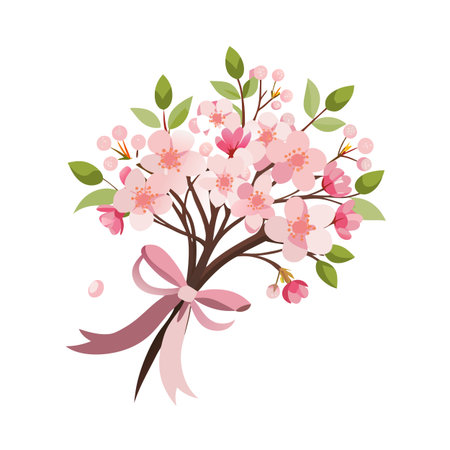 Delicate Cherry Blossom Bouquet with Pink Ribbon, Flat Vector Illustration for Springのイラスト素材