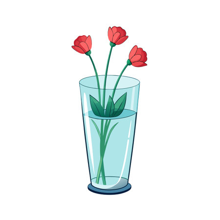 Stylized red flowers in glass vase, simple flat vector design against a clean backgroundのイラスト素材