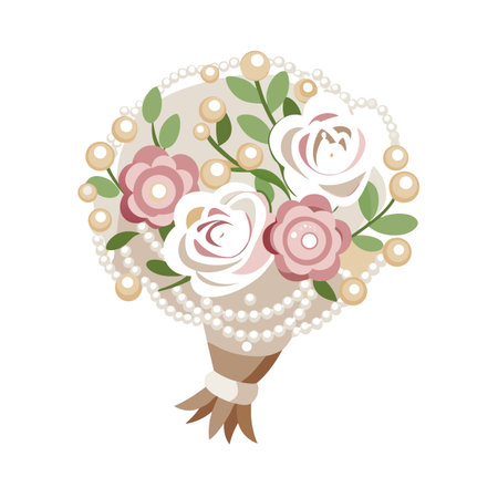 Elegant floral bouquet with roses, pearls and ribbons in a flat design illustrationのイラスト素材