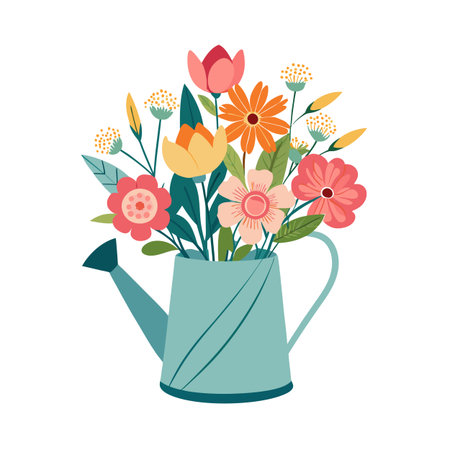 Colorful floral arrangement with watering can: an illustration of nature's vibrant beautyのイラスト素材