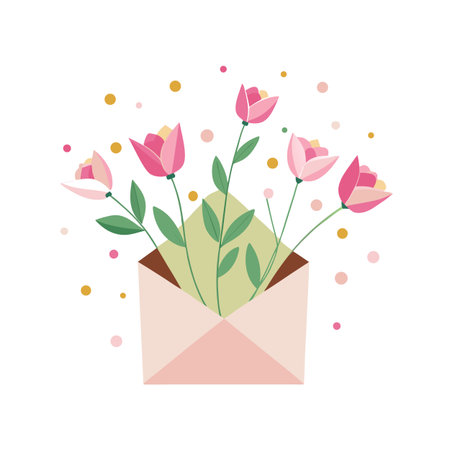 Pink tulip flower bouquet overflowing from an envelope, vector illustration for greetingsのイラスト素材