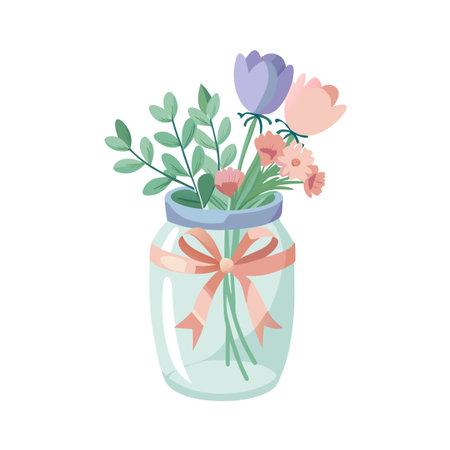 Charming jar arrangement showcasing spring blooms in soft hues, perfect for invitations and greetingsのイラスト素材