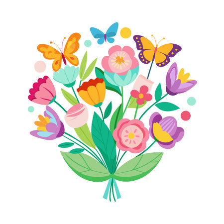 Colorful spring flower bouquet with butterflies, a joyful vibrant design on a white backgroundのイラスト素材