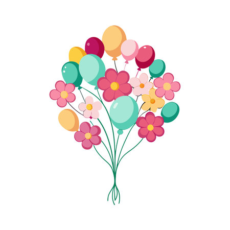 Bouquet of vibrant flowers and colorful balloons for celebrations and special occasionsのイラスト素材