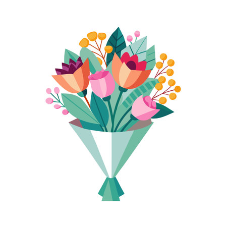 Stylized bouquet of colorful flowers wrapped in geometric paper for gift givingのイラスト素材