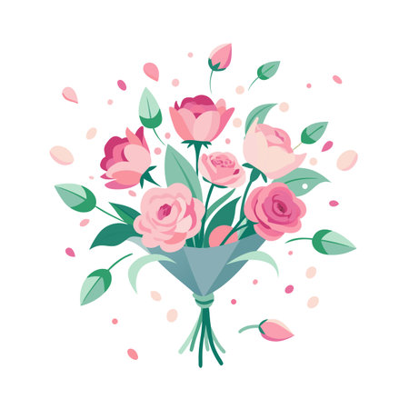 Elegant bouquet of pink roses with green leaves and petal confetti, flat design styleのイラスト素材