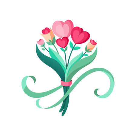 Stylized bouquet of heart-shaped flowers with ribbons for celebrations and designsのイラスト素材