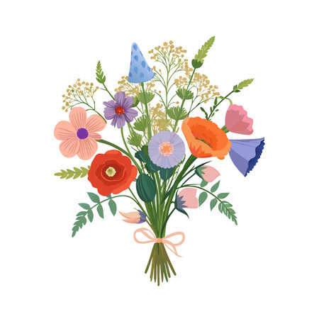 Elegant floral bouquet illustration featuring an assortment of vibrant flowers and delicate ribbonのイラスト素材