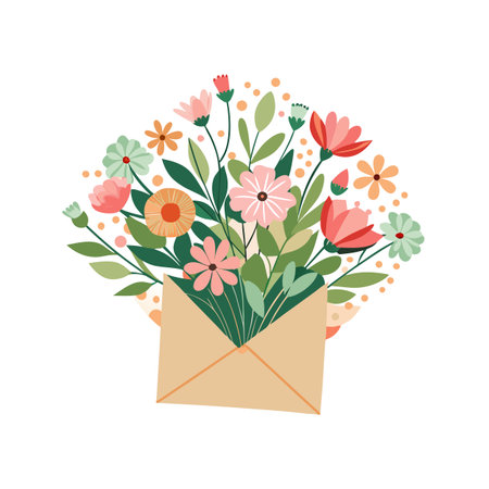 Flat vector illustration featuring a bouquet of flowers in a beige envelope on white backgroundのイラスト素材