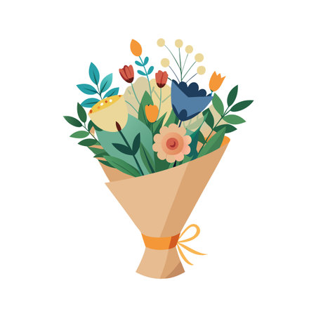 Stylized bouquet of flowers wrapped in brown paper with soft color scheme for eventsのイラスト素材