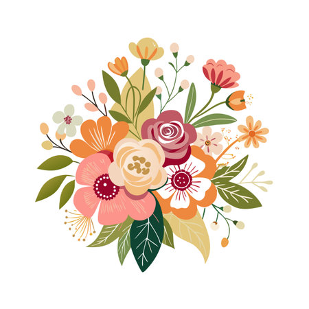 Colorful Floral Bouquet Illustration Featuring Pastel Colors and Delicate Details on White Backgroundのイラスト素材