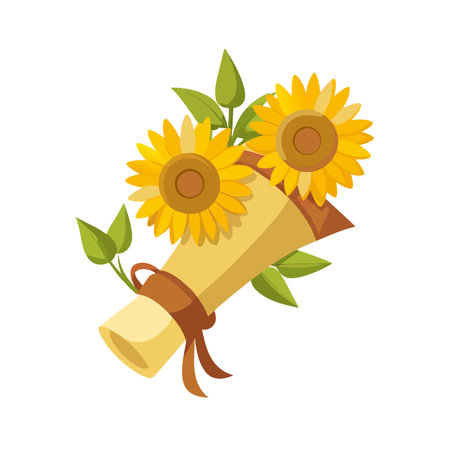 Illustration of sunflowers and a scroll tied with ribbon, a bouquet conceptのイラスト素材