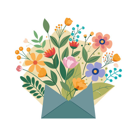 Floral bouquet illustration spilling out of an envelope in a flat graphic styleのイラスト素材