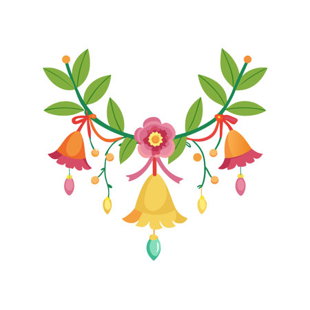 Festive floral ornament with golden bell, ribbons, and dangling buds isolated on white backgroundのイラスト素材