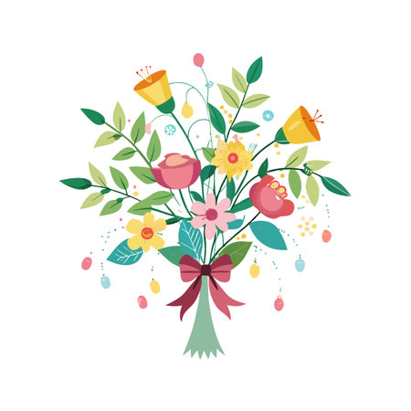 Delicate floral bouquet with pastel accents tied with decorative bow on white backdropのイラスト素材