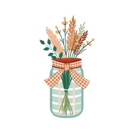 Rustic mason jar filled with autumn foliage and tied with a charming plaid ribbonのイラスト素材