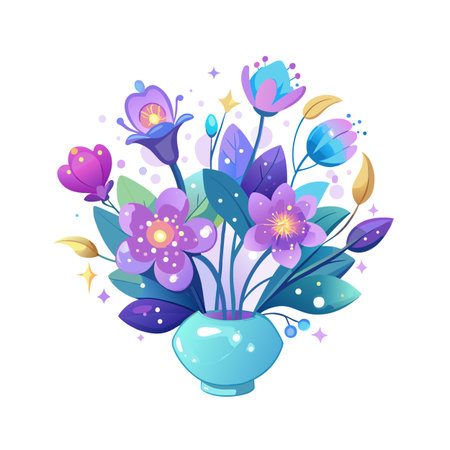 Stylized floral arrangement in turquoise vase showcasing purple and blue blossoms and leavesのイラスト素材