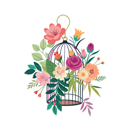 Floral arrangement inside a black birdcage with colorful flowers on a white backgroundのイラスト素材