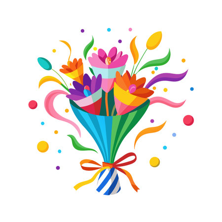 A Colorful Bouquet of Geometric Flowers with Ribbons and Confetti on White Backgroundのイラスト素材
