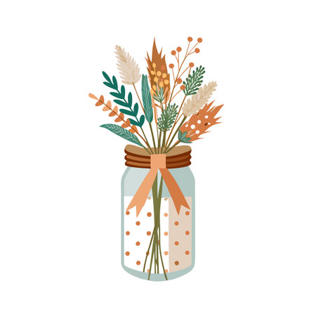 Rustic floral arrangement in mason jar with ribbon, showcasing autumnal hues and texturesのイラスト素材