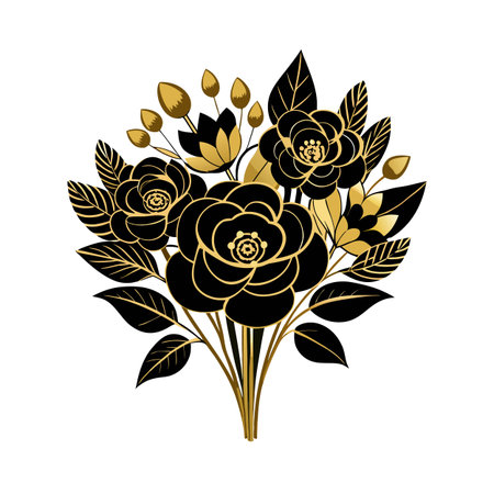 Elegant gold and black floral bouquet illustration with roses and foliage on white backdropのイラスト素材