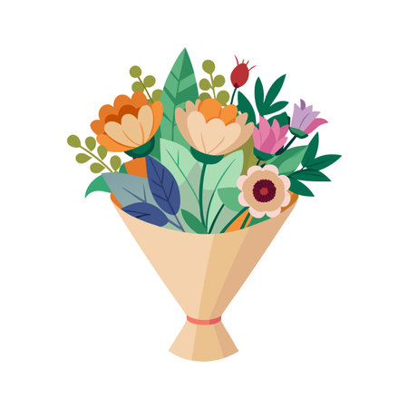 Colorful floral bouquet in a paper wrap featuring a variety of stylized flowersのイラスト素材
