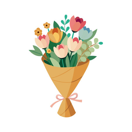 Vector floral bouquet with tulips wrapped in paper tied with a pink ribbonのイラスト素材