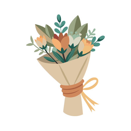 Cute stylized flower bouquet wrapped in paper with a ribbon, isolated on white backgroundのイラスト素材