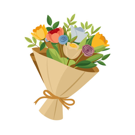 Colorful bouquet of roses and tulips wrapped in craft paper tied with ribbonのイラスト素材