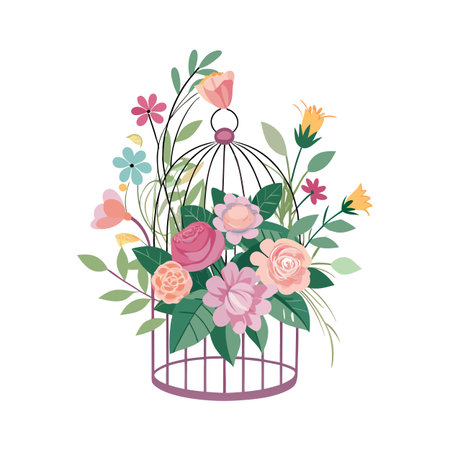 Vintage birdcage adorned with an assortment of beautiful pastel flowers and lush green foliageのイラスト素材