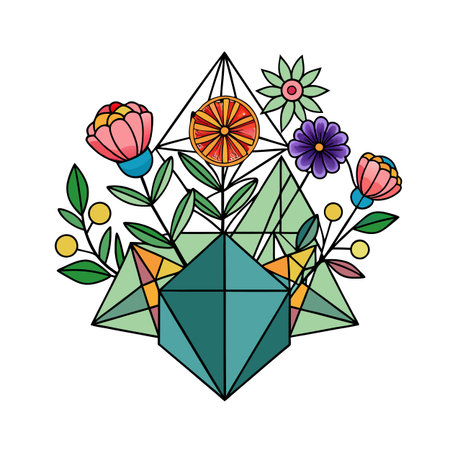 Geometric floral design with citrus fruit and triangle pattern creating modern abstract artのイラスト素材
