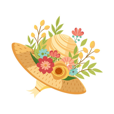 Elegant straw hat adorned with vibrant floral arrangement, a touch of spring and summer sophisticationのイラスト素材