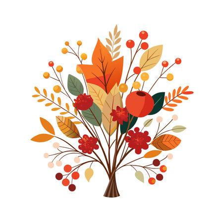 Autumnal arrangement of leaves flowers and berries in a flat vector illustration styleのイラスト素材