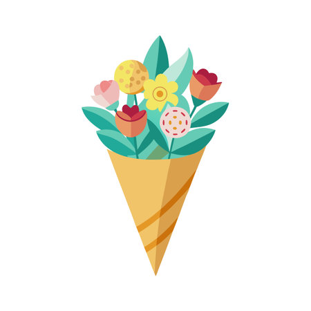 Flat Design Flower Bouquet in Cone with Pastel Tones and Geometric Shapesのイラスト素材
