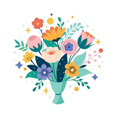 Vibrant vector bouquet of stylized flowers and leaves in a decorative turquoise vaseのイラスト素材