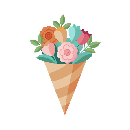 Flat vector illustration of a flower bouquet in a cone wrapper isolated on whiteのイラスト素材