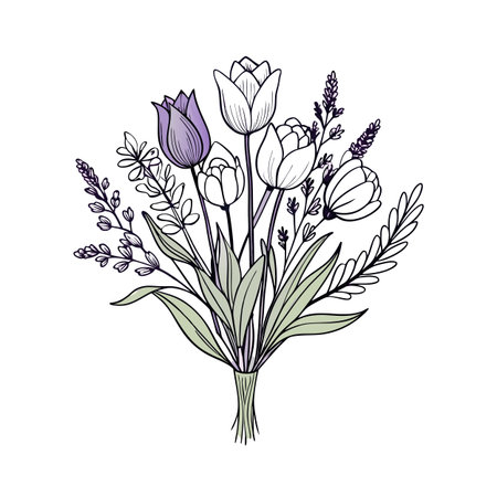 Elegant floral bouquet illustration with tulips and lavender against a white backgroundのイラスト素材