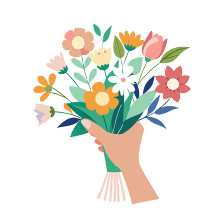 Hand holding a bouquet of diverse spring flowers against a white background for celebrationsのイラスト素材