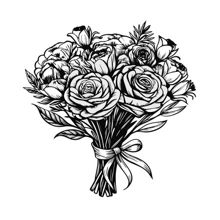 Monochrome floral bouquet illustration featuring roses and peonies with decorative ribbon tie creating an elegant botanical designのイラスト素材