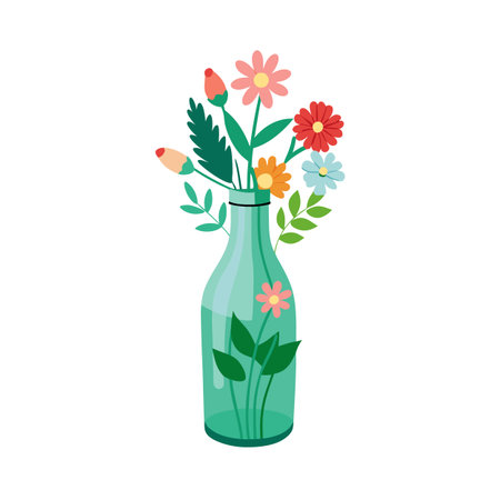 Colorful floral arrangement in a green glass vase, spring themed decorative illustrationのイラスト素材