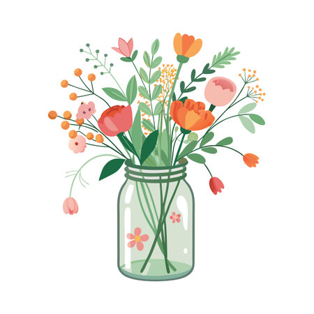 Colorful floral arrangement in a glass jar with flat vector design on white backdropのイラスト素材
