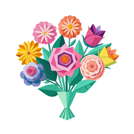 Geometric Flower Bouquet Illustration in Vase with Pink Purple and Yellow Flowersのイラスト素材