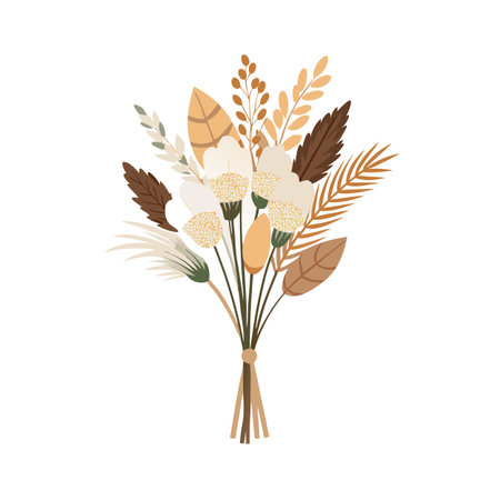 Elegant floral bouquet illustration featuring neutral and earth-tone colors on a plain white backgroundのイラスト素材