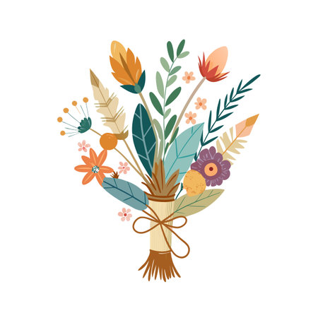 Bohemian floral bouquet with feathers and foliage tied with twine for a rustic lookのイラスト素材