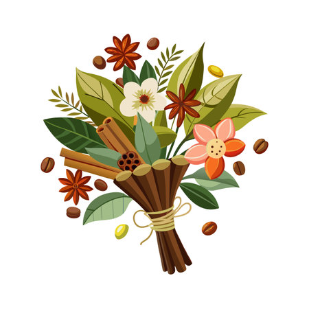 Whimsical bouquet illustration with flowers coffee beans star anise cinnamon sticks and various botanical leavesのイラスト素材