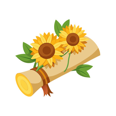 Graduation scroll with sunflowers and green leaves arranged beautifully for an academic celebrationのイラスト素材