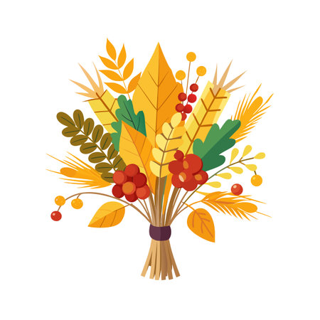 Stylized autumn harvest bouquet featuring wheat, foliage, and berries, showcasing seasonal abundance and rustic charmのイラスト素材