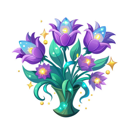 Fantasy bouquet of luminous flowers in an elegant vase illustration on white backgroundのイラスト素材